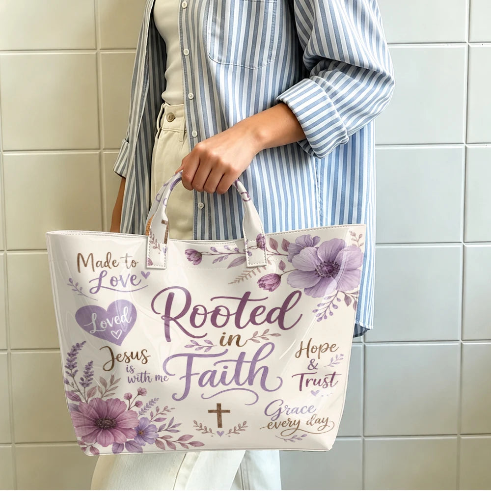 1pc Purple Floral Faith Inspirational Letter Print Women Tote Bag Handbag, Christian Theme Large Capacity Ladies Hand Tote Bag For Daily Gift