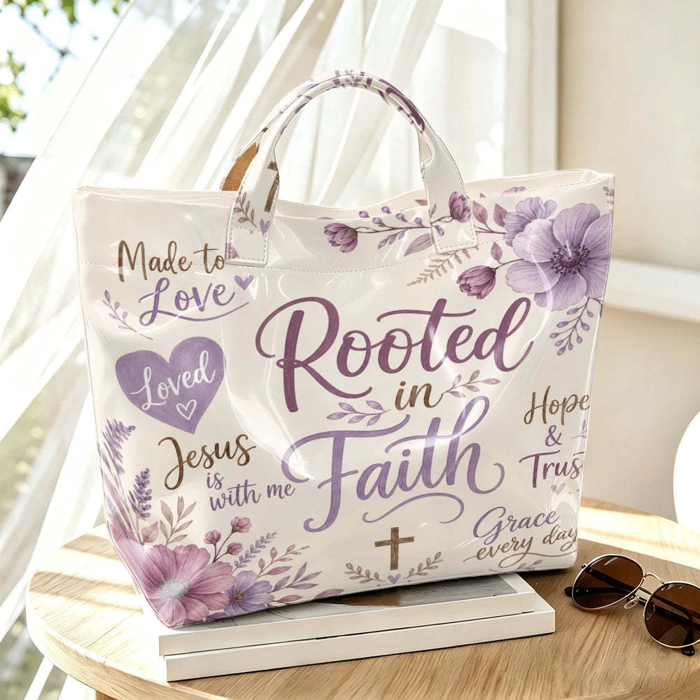 1pc Purple Floral Faith Inspirational Letter Print Women Tote Bag Handbag, Christian Theme Large Capacity Ladies Hand Tote Bag For Daily Gift