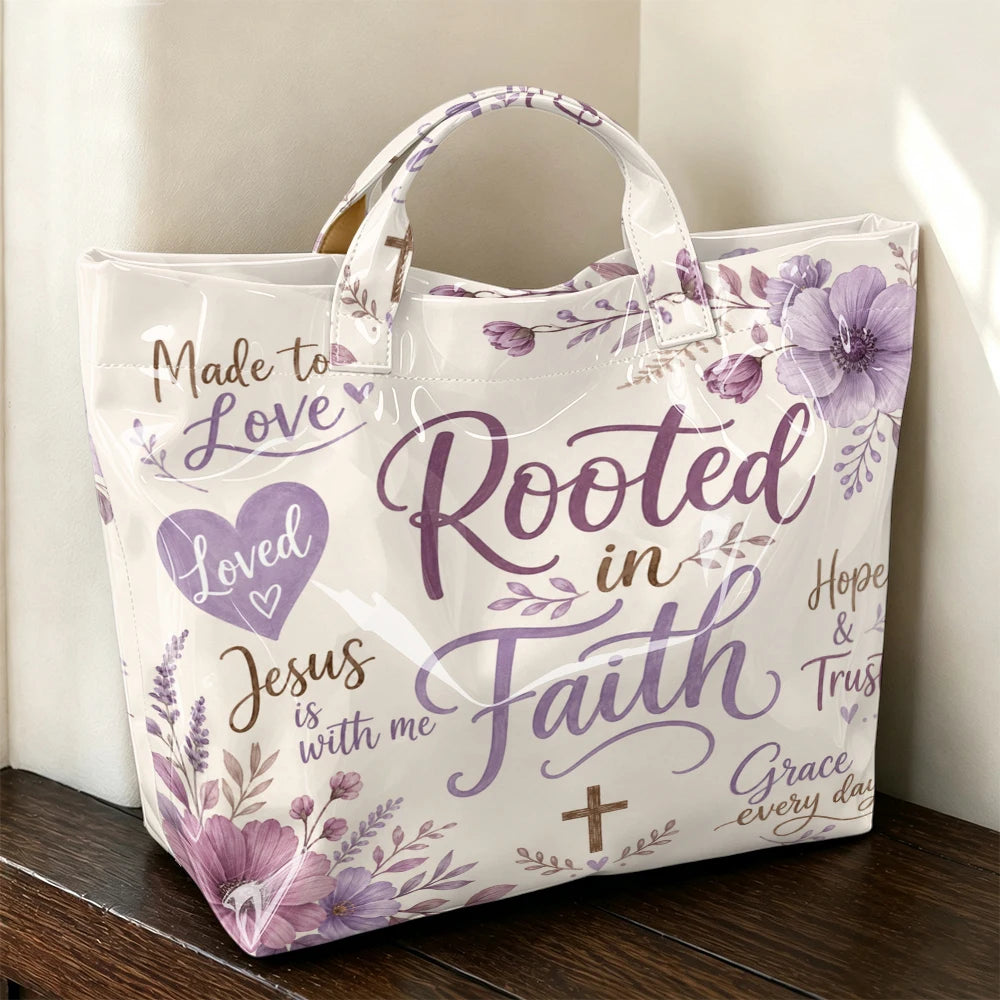 1pc Purple Floral Faith Inspirational Letter Print Women Tote Bag Handbag, Christian Theme Large Capacity Ladies Hand Tote Bag For Daily Gift