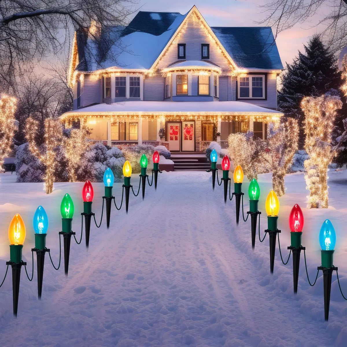 C9 Christmas Pathway Lights 30.75ft 24 Bulbs Outdoor Christmas Decorations Warm White for Holiday Waterproof Outside Yard Garden Party Walkway Decor Outdoor festival lighting