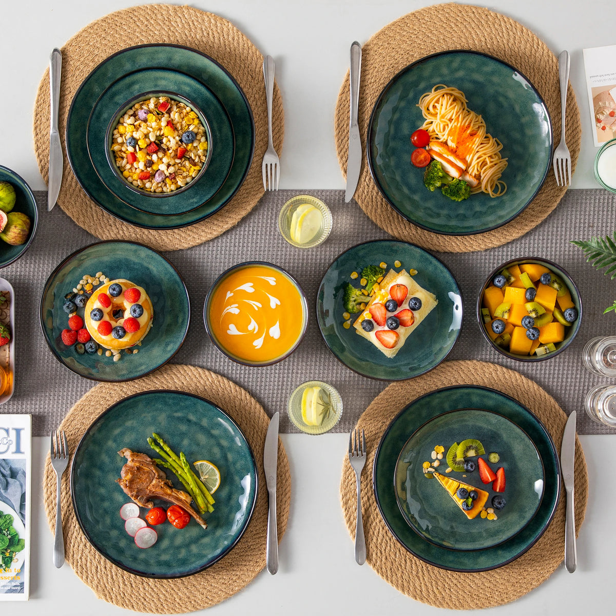 Vancasso 12/24 Pcs Green Ceramic Plates Set Kiln Change Stoneware Dinner Set with 4PCS Dinner Plate/Dessert/Cereal Bowl for 4/8