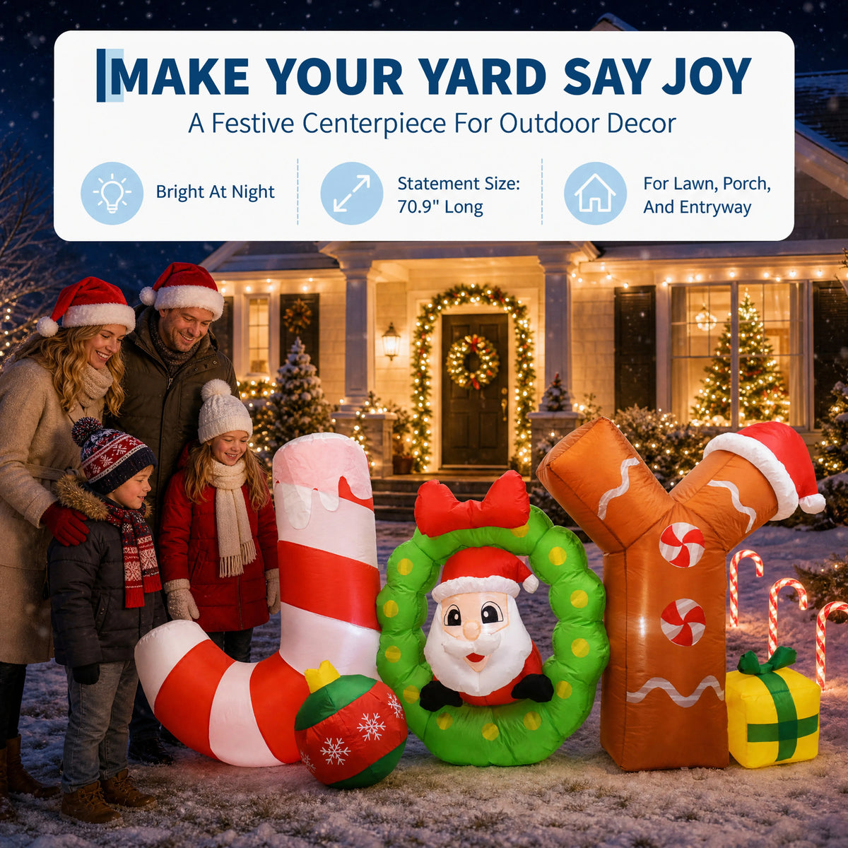 6ft Giant Lighted Christmas Inflatable JOY Sign Outdoor Decoration Waterproof Polyester Taffeta Blow Up Yard Prop Holiday Party Lawn Festival Display Winter Garden Xmas Ornament Large Exterior Event Landscape Home Outside New